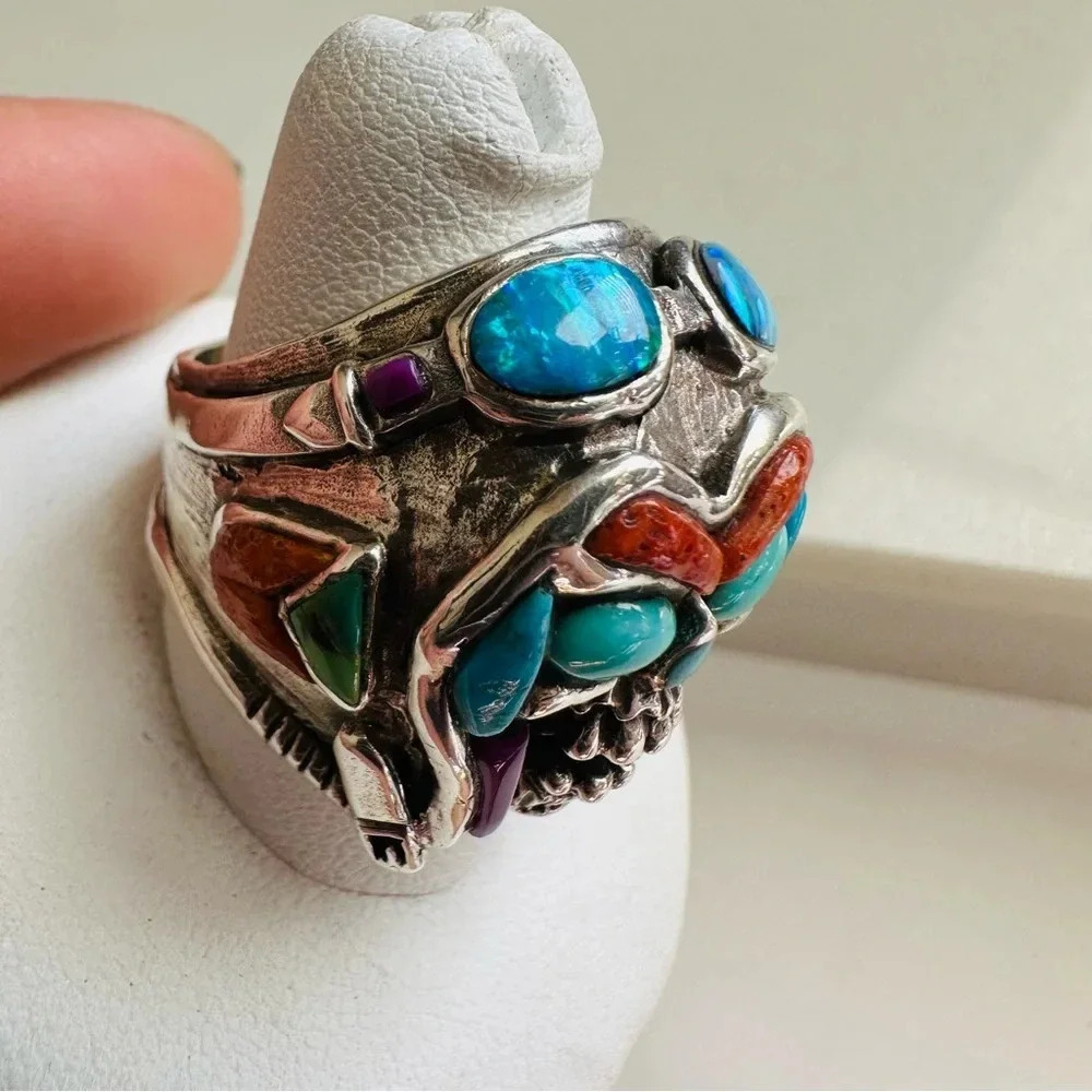 Handmade Sterling Silver & Multi Stone Inlay
Skull/Pilot/Biker/Rocker Ring - Picture 7 of 9